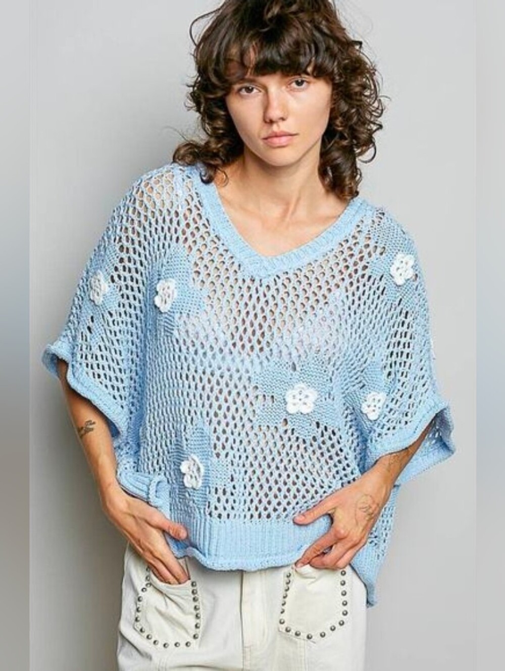 POL"Bloomin Filly" Floral Patch Open Sweater Top Sky Blue Sz S - Picture 3 of 10